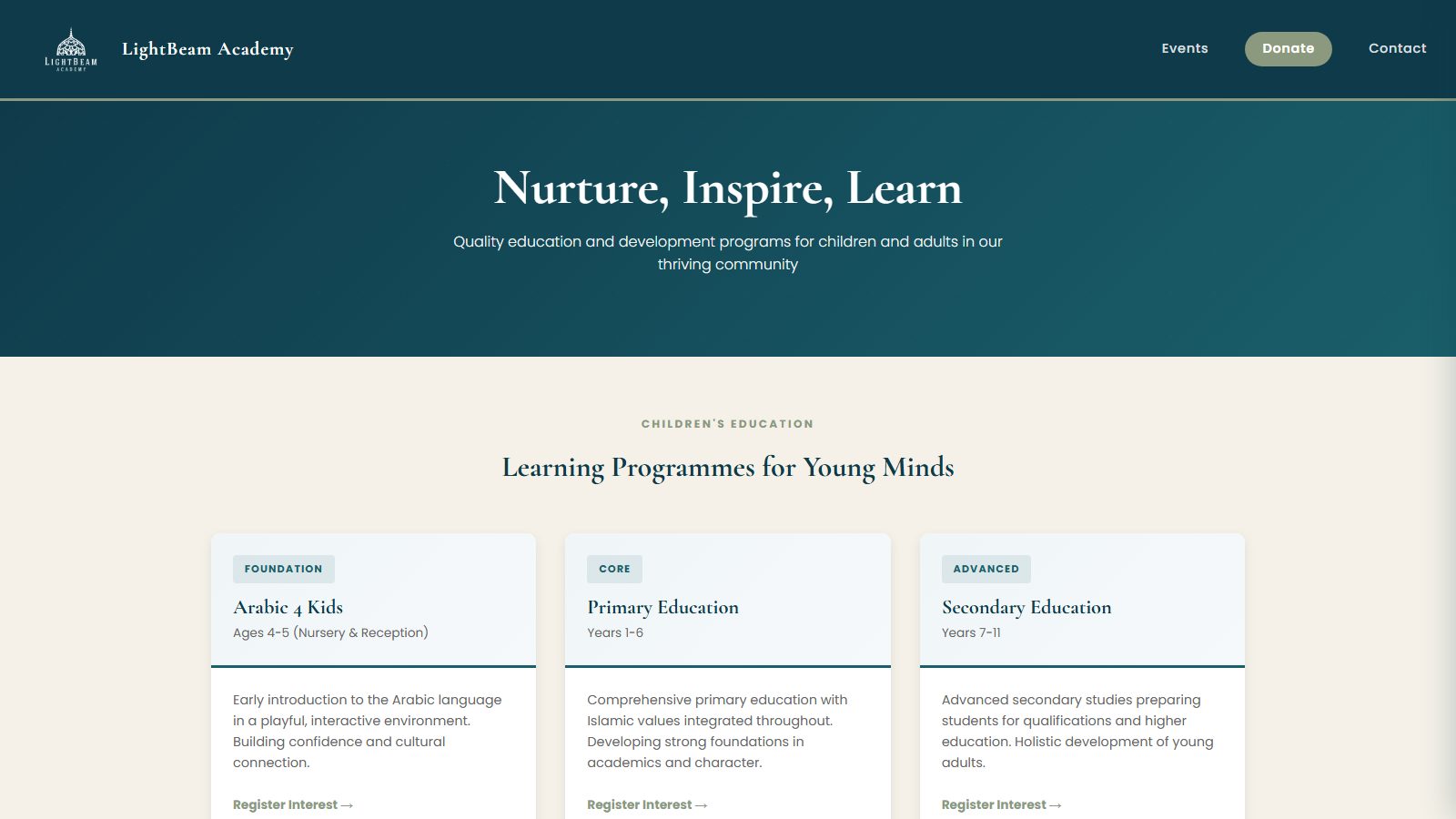 LightBeam Academy. website screenshot